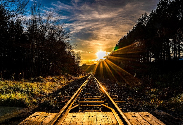 Puesta de sol y largas vías de tren en Hokkaido Japón