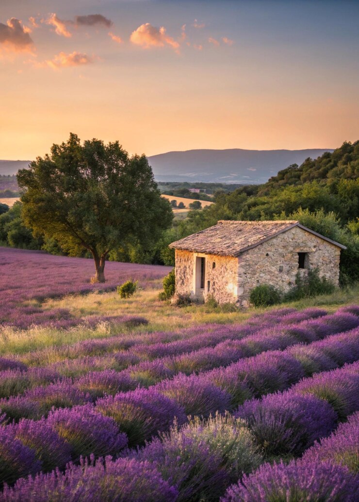 La puesta de sol de lavanda en la Provenza