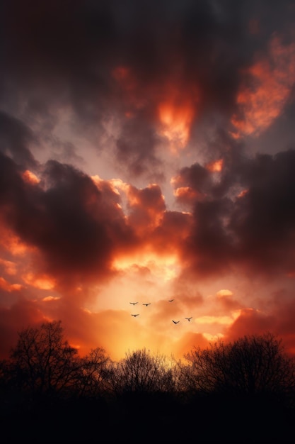 Una puesta de sol en llamas con pájaros volando sobre los árboles al estilo de una atmósfera cambiante color salpicado de nubes atmosféricas