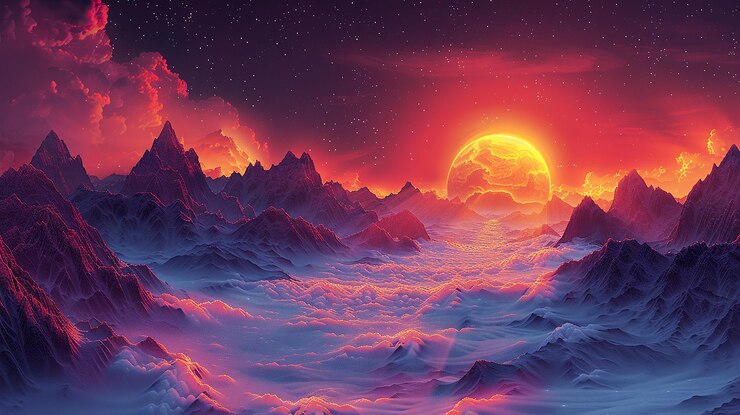 una puesta de sol con una luna roja en el cielo