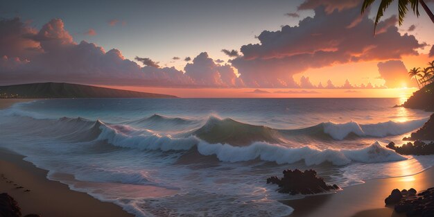 La puesta de sol en el mar, el cielo pintoresco y el surf, las olas del océano generan ai.