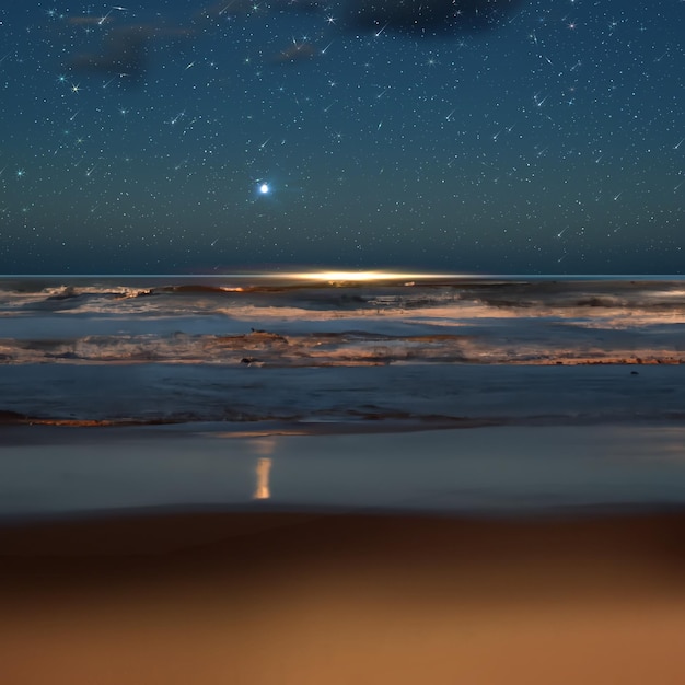 puesta de sol en el mar playa arena noche azul cielo estrellado y luna, nebulosa en el mar hermoso paisaje marino