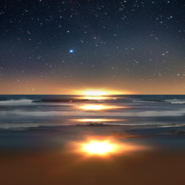 puesta de sol en el mar playa arena noche azul cielo estrellado y luna, nebulosa en el mar hermoso paisaje marino
