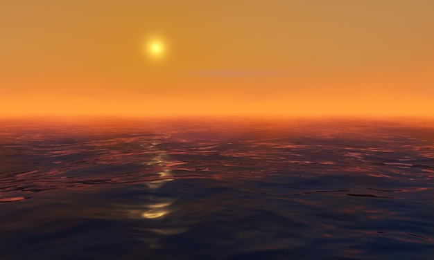 Puesta de sol en el mar. Salida del sol en el océano. Representación 3D.