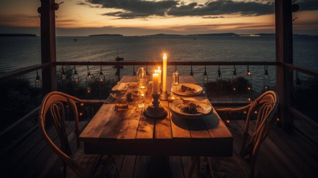 Puesta de sol en el mar de verano Picnic romántico en la playa Botella de copas de vino velas a cuadros y almohadas Generado por IA