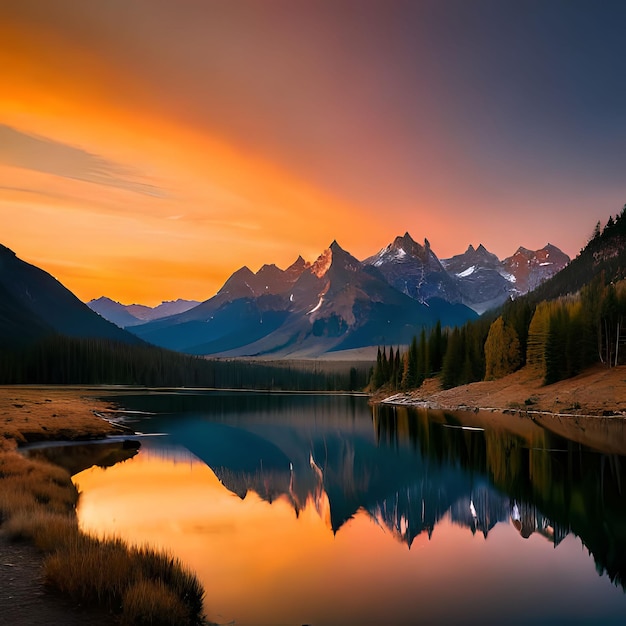 Una puesta de sol con una montaña al fondo y un cielo naranja brillante con la puesta de sol detrás.