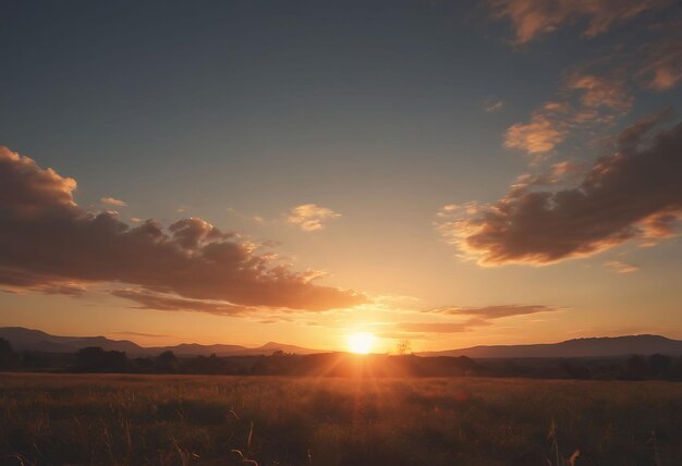 una puesta de sol con una montaña en el fondo