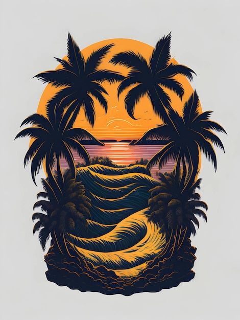Puesta de sol con montaña y palmeras ilustración creativa.