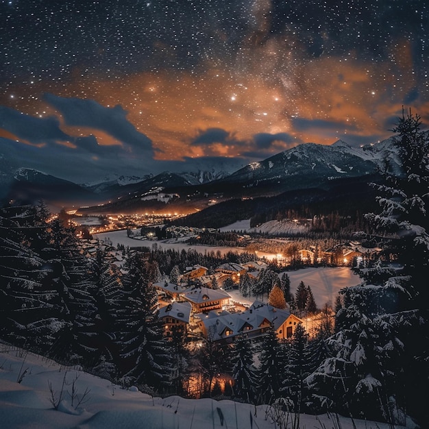 La puesta de sol en la montaña Tatra en Zakopane con las estrellas Polonia