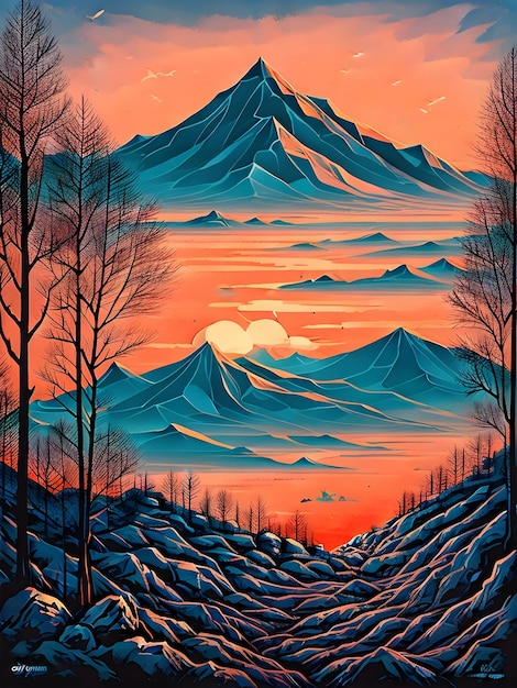 Puesta de sol en las montañas con colores brillantes