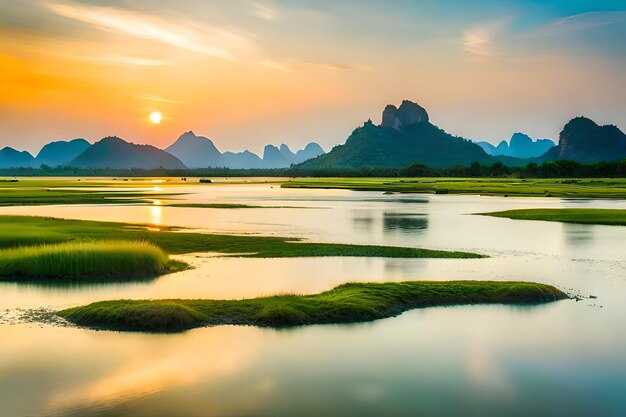 Foto una puesta de sol con montañas en el fondo