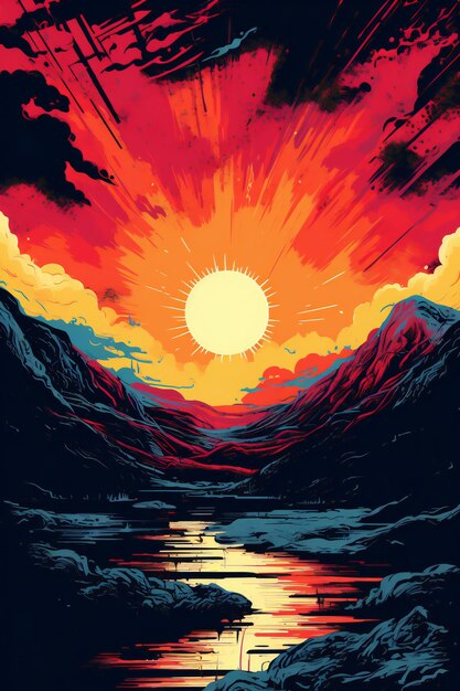 Puesta de sol en las montañas ilustración de una hermosa puesta de sol