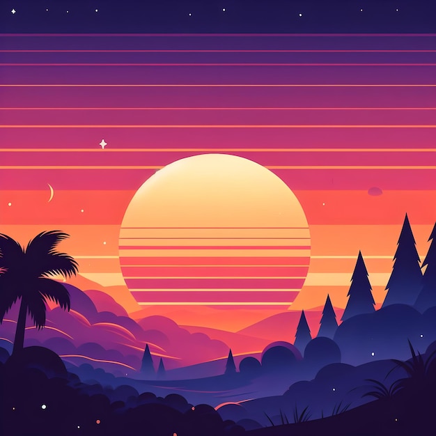 Puesta de sol en las montañas Ilustración vectorial en estilo plano