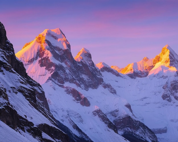 puesta de sol en las montañas nevadas