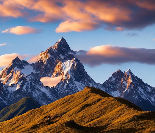 puesta de sol en las montañas nevadas