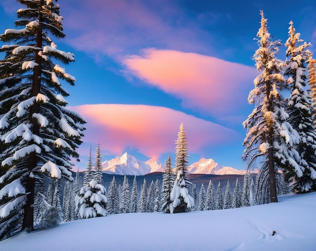 puesta de sol en las montañas nevadas