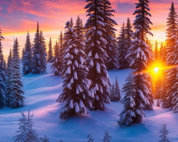 puesta de sol en las montañas nevadas