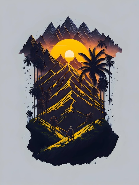 La puesta de sol con montañas y palmeras ilustración creativa