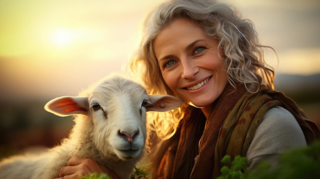 puesta de sol con una mujer de mediana edad. Es una granjera de 50 años y tiene una hermosa sonrisa. Está haciendo jardinería.