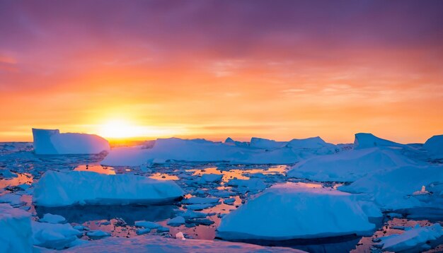 Puesta de sol naranja con icebergs helados flotando en el océano