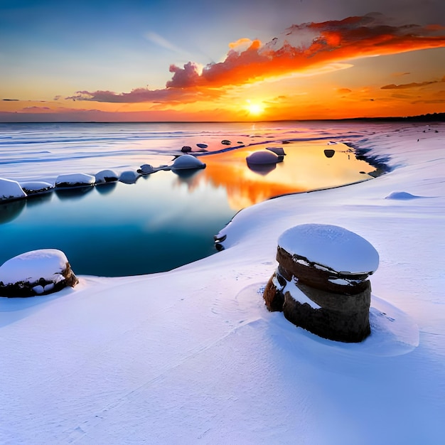 Una puesta de sol con nieve en el suelo y una gran roca en medio.