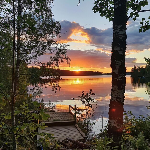 La puesta de sol de la noche de verano desde Sotkamo, Finlandia