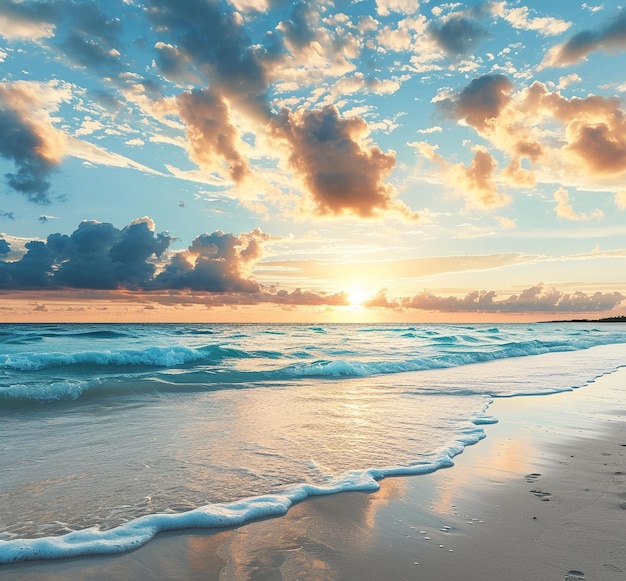 una puesta de sol con nubes y una playa en el fondo