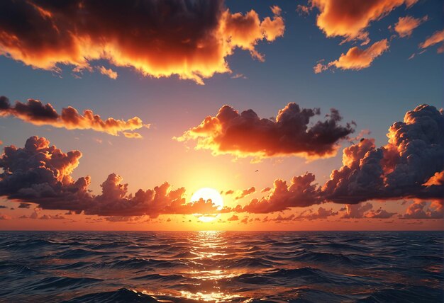 una puesta de sol con nubes y el sol poniéndose sobre el océano