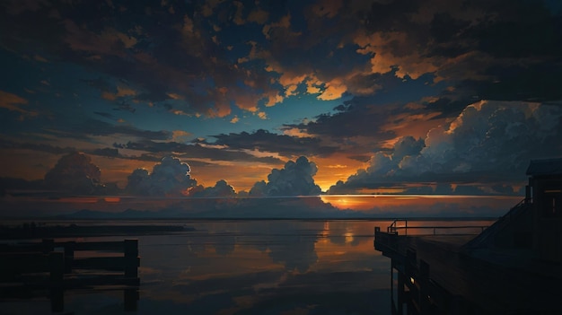 La puesta de sol nublada en el muelle de mar pintura en acuarela