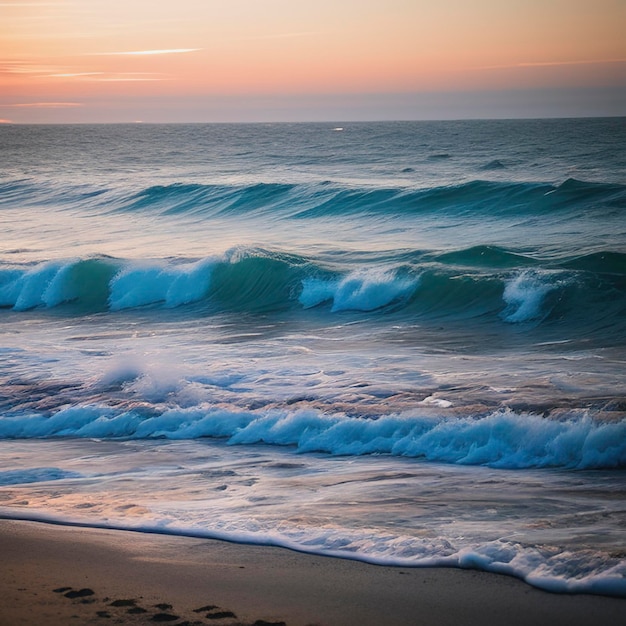 La puesta de sol en el océano y las olas de marea