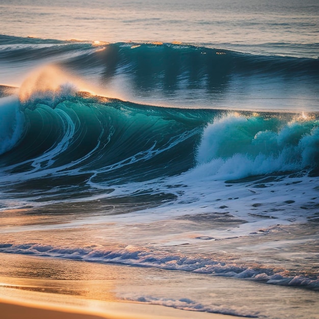 La puesta de sol en el océano y las olas de marea