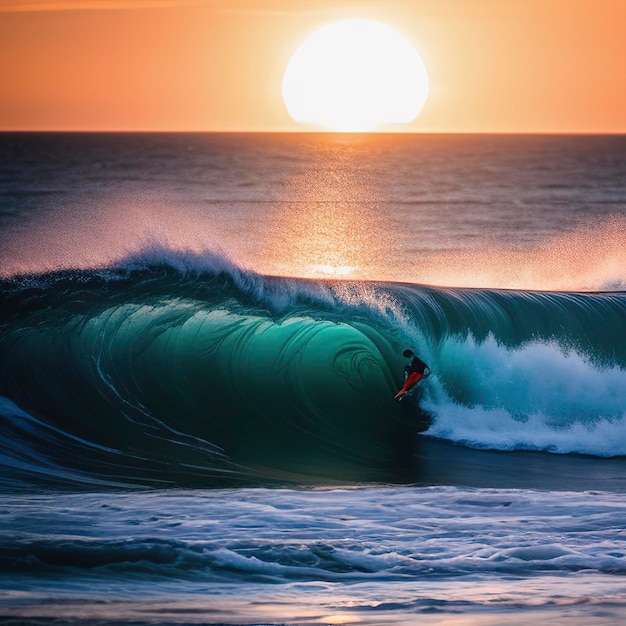 La puesta de sol en el océano y las olas de marea