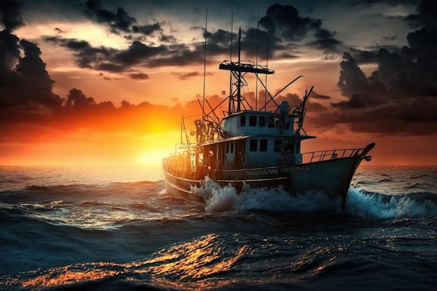 Puesta de sol océano pesca barco mar cielo