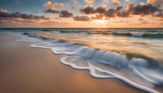 una puesta de sol con una ola chocando en la playa