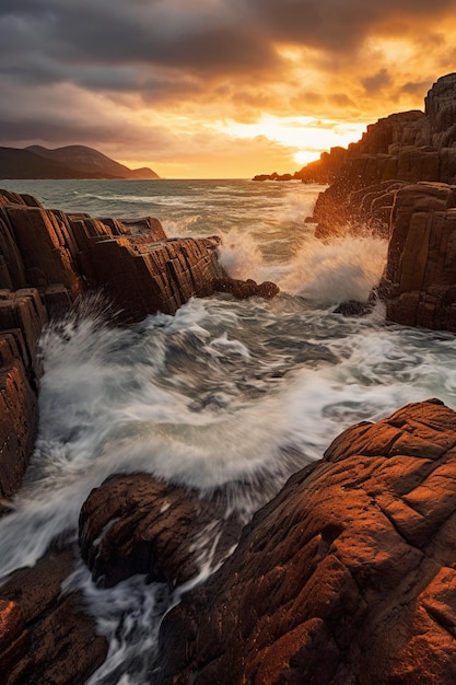 Una puesta de sol con olas rompiendo en las rocas