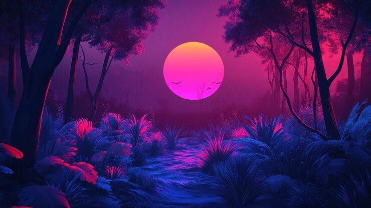 La puesta de sol de ondas sintéticas sobre el sendero del bosque tropical