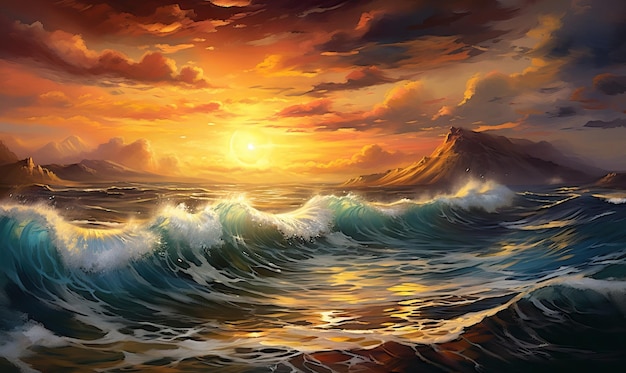 puesta de sol oscura y nublada sobre la tormentosa costa del océano enormes olas