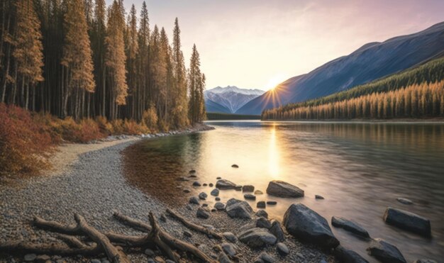 Puesta de sol de otoño sobre el bosque de pinos y la costa rocosa en las montañas de Altai