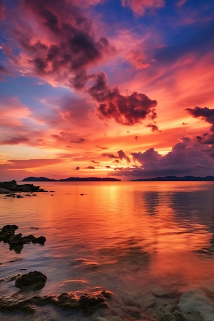 Foto una puesta de sol pacífica sobre un cuerpo de agua con rocas en primer plano perfecto para la naturaleza y los diseños del paisaje
