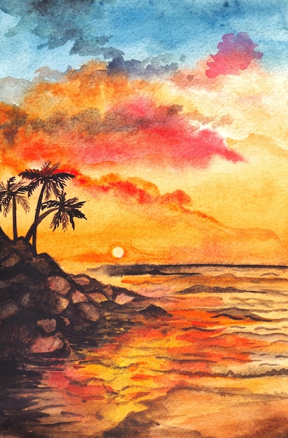 puesta de sol paisaje acuarela pintura fondo