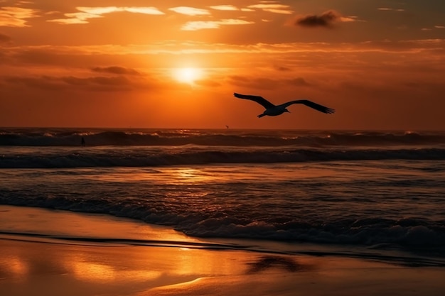 Una puesta de sol con un pájaro volando sobre el océano.