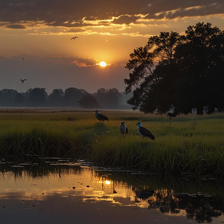 una puesta de sol con pájaros en primer plano y una posta de sol en el fondo