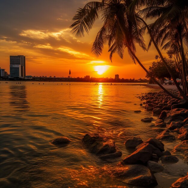 Una puesta de sol con palmeras y un edificio en el fondo