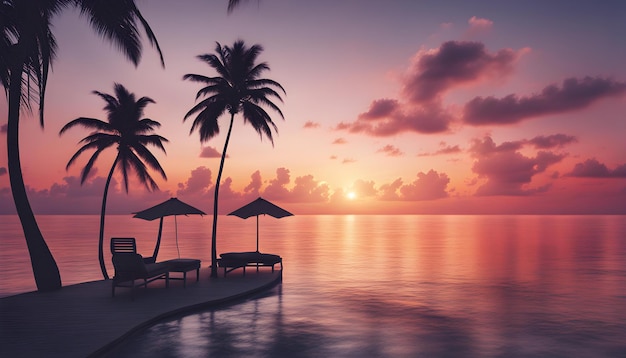 una puesta de sol con palmeras y una escena de playa con paraguas y sol en el fondo