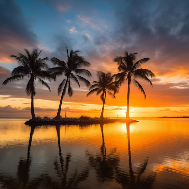 Una puesta de sol con palmeras en medio.