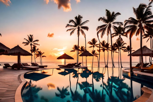 una puesta de sol con palmeras y una piscina con una escena de playa en el fondo