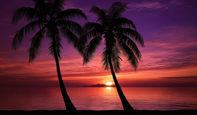 una puesta de sol con palmeras en la playa y el sol poniéndose detrás de ellos