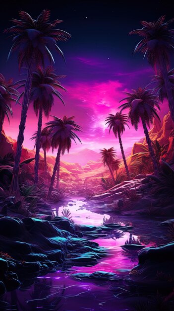 Una puesta de sol con palmeras y una puesta de sol púrpura