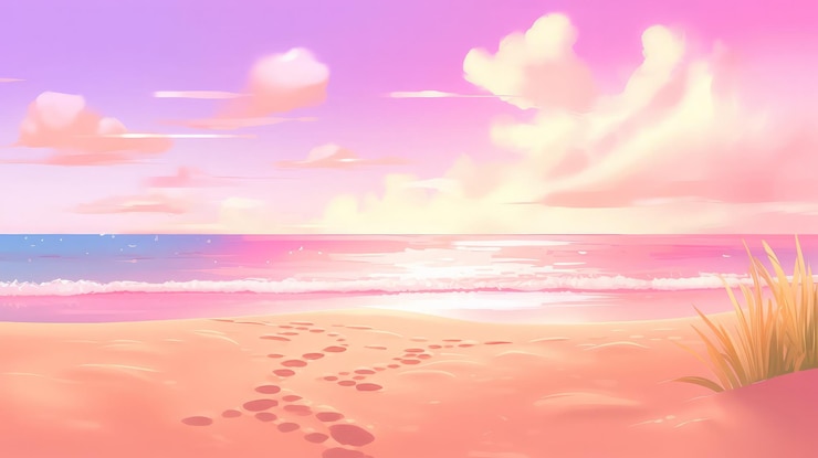 Una puesta de sol panorámica en la playa con cielos rosados y azules nubes esponjosas y huellas en la arena