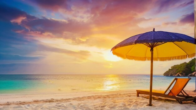 una puesta de sol con un paraguas de playa y una silla de playa